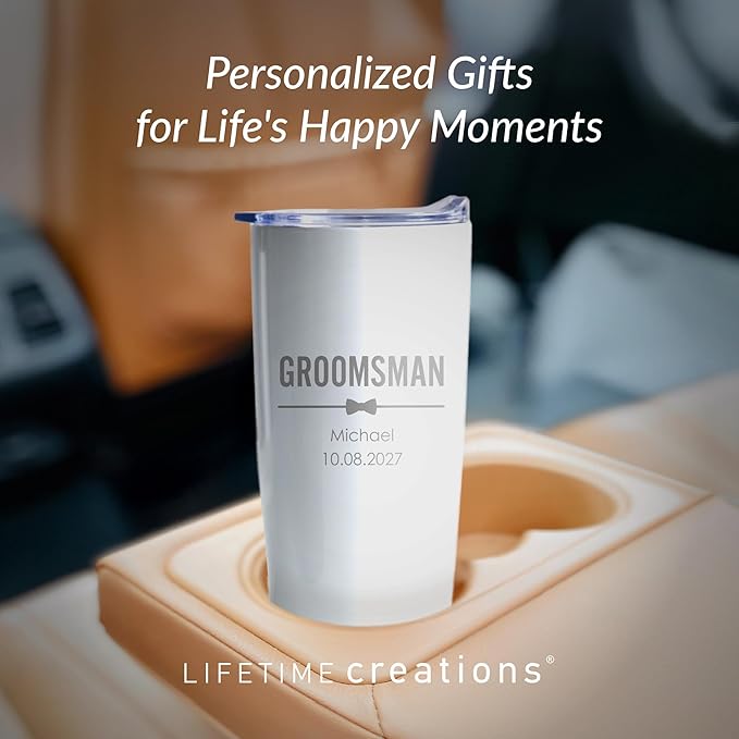 Lifetime Creations Engraved Personalized Groomsman Tumbler (White) 20 oz - Custom Groomsmen, Best Man, Bachelor Party Stainless Steel Coffee Travel Mug Gift (Option C)