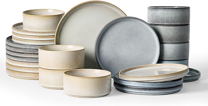 Famiware Star Dinnerware Set, Plates and Bowls Sets for 8 (24pcs), Ribbed Stoneware Dishes - Chip & Scratch Resistant, Microwave & Dishwasher Safe, Multicolor - Cappuccino White & Smoky Blue