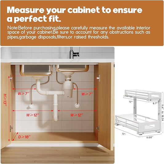 2-Pack 17"Deep Under Sink Organizer And Storage, 2-Tier L-Shaped Pull Out Cabinet Organizer with Upgraded Slide Rails, Height Adjustable Drawers for Kitchen&Bathroom, Extra-Large Storage Shelves–White