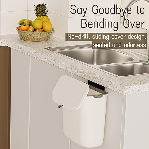2.4 Gallon Kitchen Compost Bin Hanging Small Trash Can with Lid Under Sink Dual Installation & Triple-Seal Technology, Odorless Kitchen/Bathroom/Office Trash Can for Home, RV