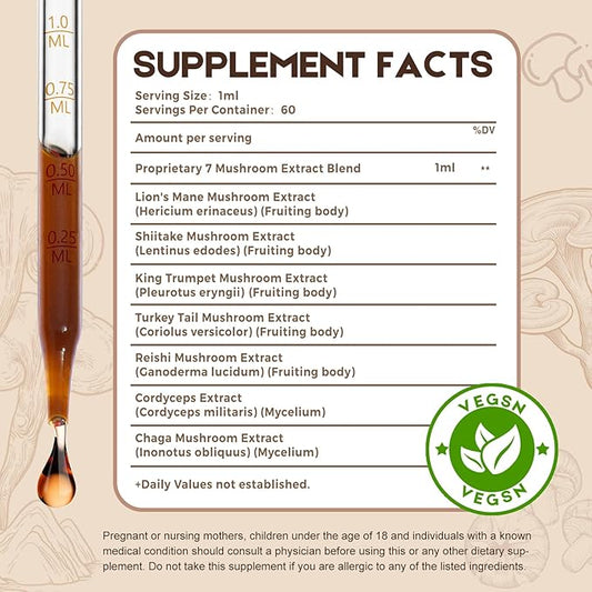 2 Pack Vegan Immune Mushroom Tincture Supplement,7 in 1 Mushroom Extract Liquid Drops with Lion's Mane,Shiitake,King Trumpet,Turkey Tail,Reishi,Chaga & Cordyceps 4 fl oz (120 Servings)