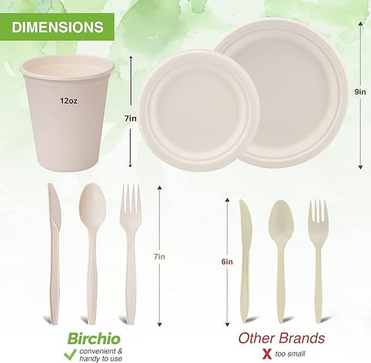 300 Piece (50 Sets) Biodegradable Paper Plates Set (EXTRA LONG UTENSILS), Disposable Dinnerware Set, Eco Friendly Compostable Plates & Utensil include Plates, Cups, Forks, Knives and Spoons