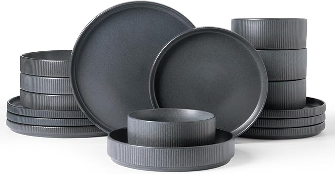 Famiware Star Dinnerware Set with Pasta Bowls, Service for 4 (16pcs), Ribbed Stoneware Plates and Double Bowls Dishes Sets - Chip & Scratch Resistant, Microwave & Dishwasher Safe, Matte Dark Charcoal
