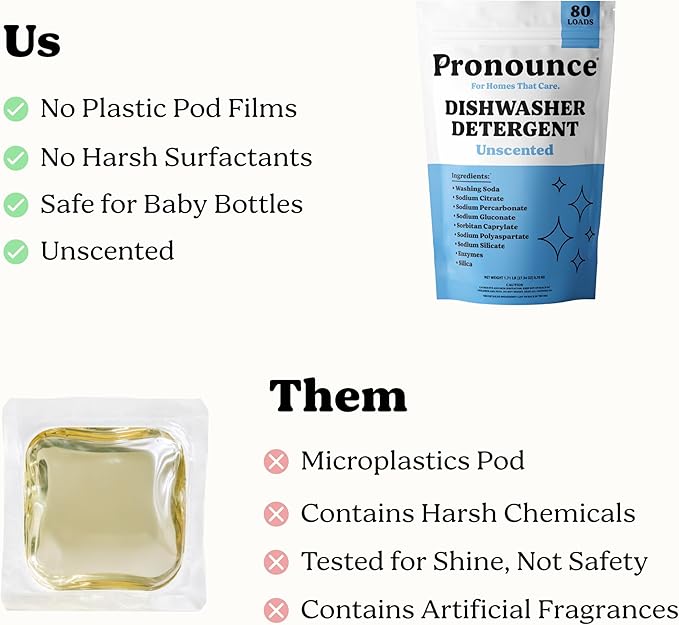 Pronounce Dishwasher Detergent - Cleaner Ingredients, Fragrance Free - Ultra Concentrated Dish Soap, Cuts Grease and Grime, Dishwasher Pods Alternative (Residue-Free). (80 Loads, Unscented)