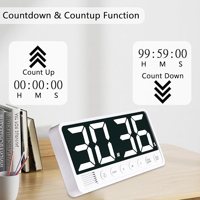 FCXJTU Digital Kitchen Timer - 7.1” Extra Large Display LED Magnetic Rechargeable Countdown/Up Timer, with 6 Alarms 4 Levels Volume Memory Function for Cooking, Classroom, Office, Home Gym (White)