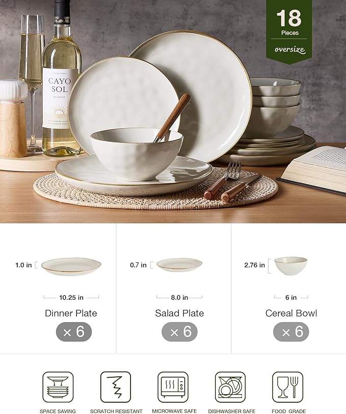 Famiware Ocean Round Plates and Bowls Set, 18 Pieces Dinnerware Sets, Dishes Set for 6, Microwave and Dishwasher Safe, Scratch Resistant, Vanilla White