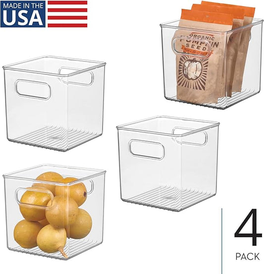 iDesign Pantry Storage Bins with Handles - Cube Organizer Bins for Cabinets or Fridge - Set of 4 - Clear