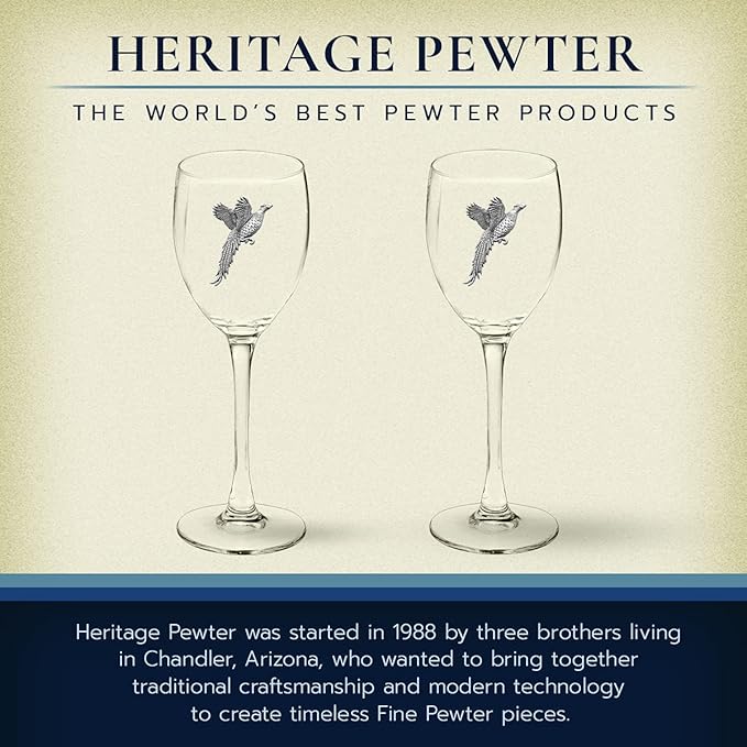 Heritage Pewter Pheasant Glass Goblets β Set of 2 | 12 OZ Goblet Wine Glasses | Expertly Crafted Pewter Glass