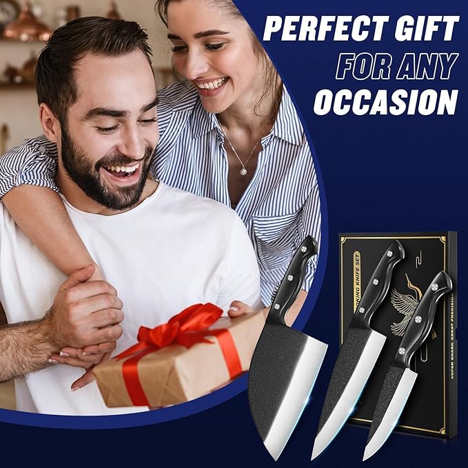 SSGP Butcher Knife Set of 3- Japanese Knife Set for Meat Cutting, Hand Forged Viking Knives Sets with Meat Cleaver, Heavy-Duty Kitchen Knives Sets for Bone BBQ Vegetable, Christmas Gifts for Men