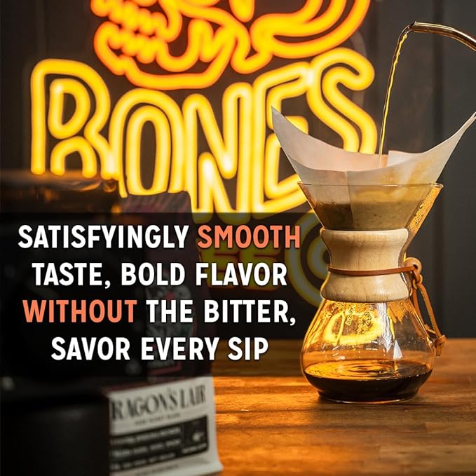 Bones Coffee Company Maple Bacon, Bacon and Maple Syrup Flavored Coffee, Medium Roast Low Acid Arabica Beans Compatible with Auto drip and French Press Coffee Maker, 12 Oz Whole Bean