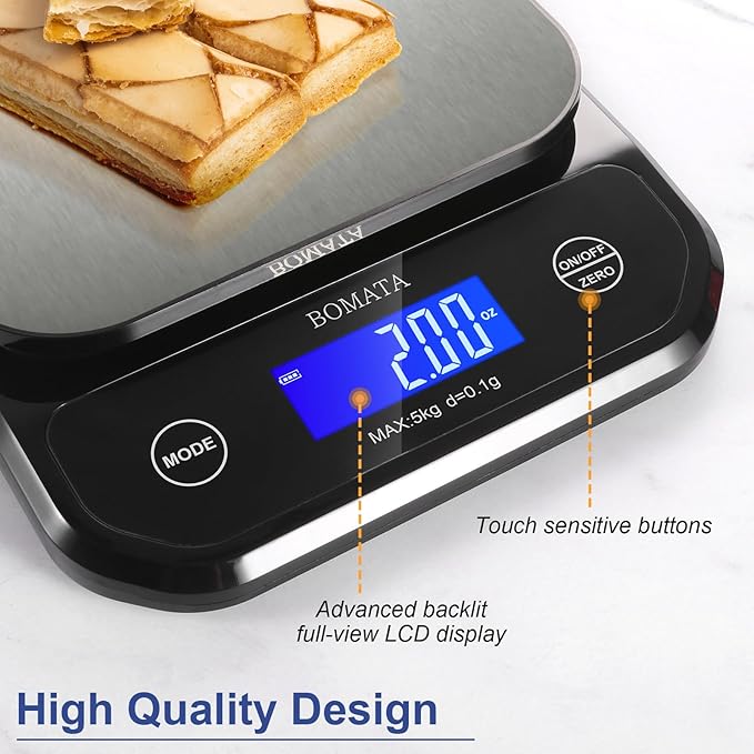 BOMATA Waterproof Kitchen Scale, 0.1g/0.01oz High Precision, 5kg/11lb, Washable, USB Rechargeable, Digital Scale for Food,Cooking, Baking, Weight Loss, Black&Grey