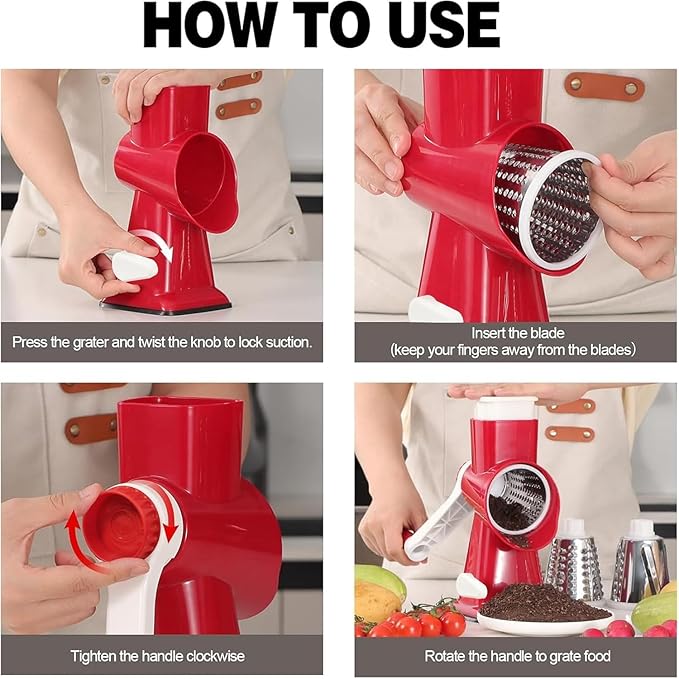 Rotary Cheese Grater with Handle, Multifunctional Kitchen tool, Stainless Steel Rotary Grater Slicer for Fruit, Vegetables, Nuts (Red)