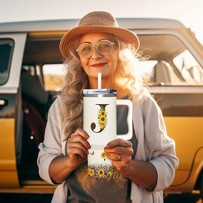 Personalized Birthday Gifts For Women - Sunflowers Monogrammed Cup For Boss Day, Christmas - Customized Gifts For Women, Mom, Wife, Coworkers, Boss Lady, Her - Custom Tumbler With Handle 40oz