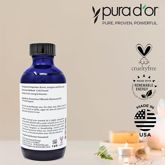 PURA D'OR Organic Rosemary Essential Oil, 4oz, Therapeutic Grade, for Hair, Body, Skin, Aromatherapy, Relaxation, Massage, Mood, Relief, Home, DIY Soap