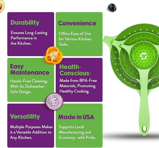 Crisp 3 Piece Nesting Strainer Set - Plastic, Durable Kitchenware, Dishwasher Safe - Made in the USA - Green