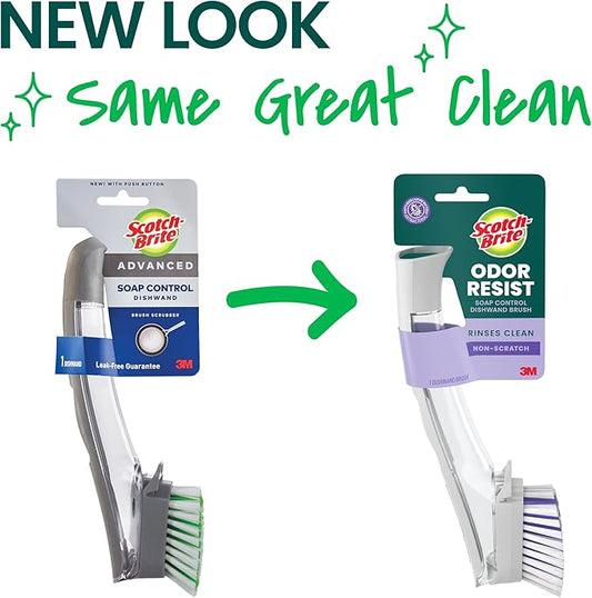 Scotch-Brite Odor Resist Soap Control Dishwand Brush, Non-Scratch Cleaning Brush with Scraper, Stands Upright, 1 Pack