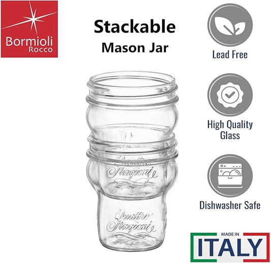 Bormioli Rocco Quattro Stagioni Glass Jars (Set of 6) - 9.25 Oz Stackable Storage Jars with Wide Mouth & Aluminum Lids - Glass Containers for Preserving, Serving, Organizing - Made in Italy