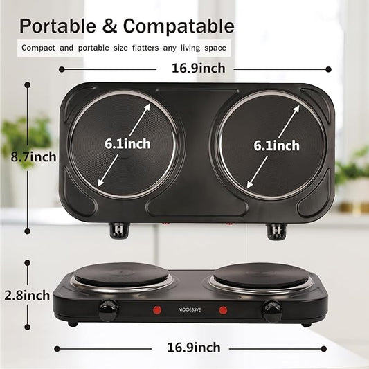 Countertop Double Cast Iron Burner 1800 Watts Electric Hot Plate with Adjustable Temperature 6.1" Cooktop for Dorm, Office, Home, Camp, Compatible for All Cookwares