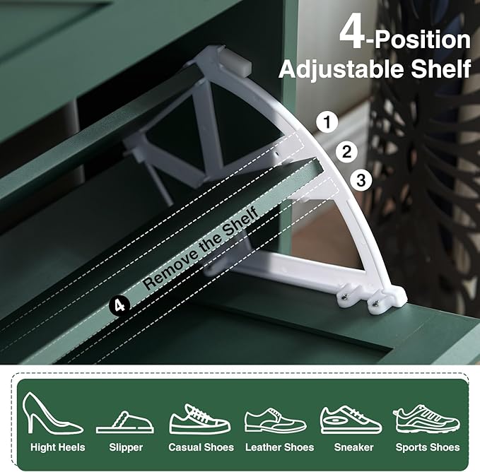 Shoe Storage Cabinet,Farmhouse Shoes Organizer with 4 Flip Drawers & Barn Door Design,Freestanding Hidden Slim Narrow Shoe Rack Cabinet with Open Storage for Entryway, Foyer,Hallway,Green
