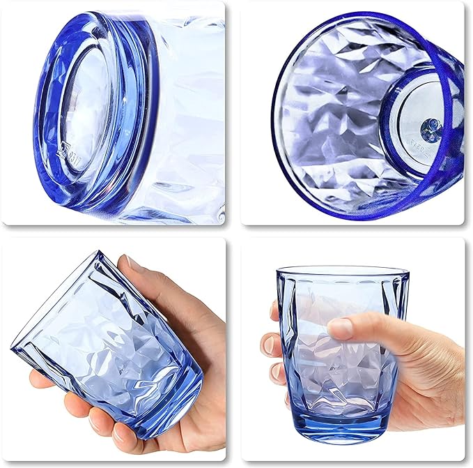 Topsky 10 oz Plastic Water Tumblers | Set of 4 Transparent Unbreakable Drinking Glasses Clear Acrylic Reusable Juice Wine Cups for Home Picnic Party, Dishwasher Safe, Stackable (Blue)