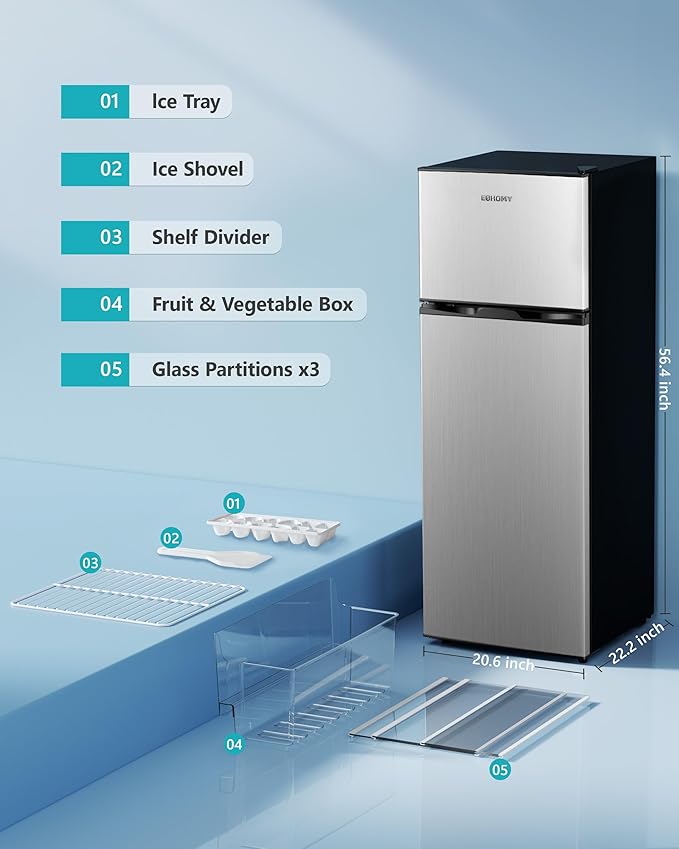 EUHOMY 7.4 Cu.Ft. Refrigerator with Freezer, 2 Door Fridge, Adjustable Thermostat,Large Capacity, Refrigerator for Kitchen/Dorm/Office/Apartment - Food Storage or Cooling drinks, Silver