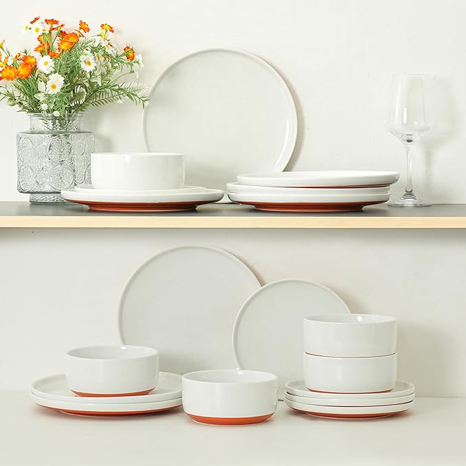 24 Piece Dinnerware Sets for 8, Dual Glaze Stoneware Plates and Bowls Set, Microwave and Dishwasher Safe, Stardust Glaze White
