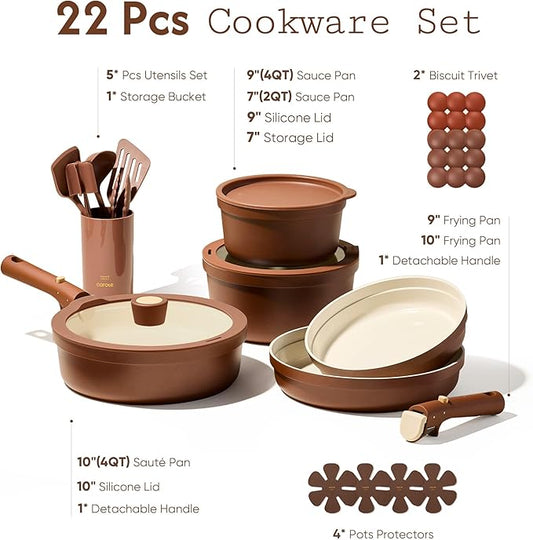 CAROTE 22Pcs Ceramic Cookware Set with Kitchen Essentials, Detachable Pots and Pans Set Non Stick, Non Toxic Oven/Dishwasher Safe, Induction Cooking, Gift Set, Includes Knife/Utensil Set