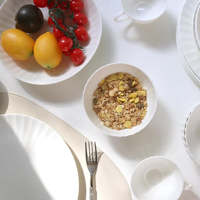 16-Piece Bone China Dinnerware Set for 4, White embossed dinnerware set, Plates and Bowls with Textured Design, Microwave Dishwasher Safe