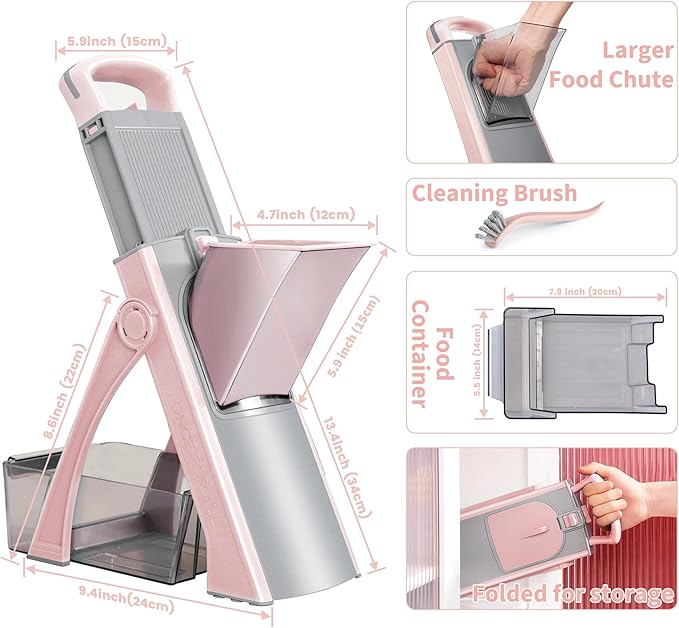 Safe Mandoline Food Slicer for Kitchen - Vegetable Chopper With Adjustable Thickness, Multifunctional Veggie Chopper Vegetable Cutter Slicer Dicer For Onion Potato Tomato - Pink