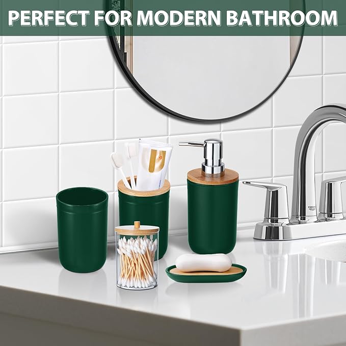 iMucci Bathroom Accessories Set 5Piece Hunter Green Bathroom Sets, Toothbrush Holder, Toothbrush Cup, Lotion Soap Dispenser, Soap Dish and Qtip Holder Bathroom Decor