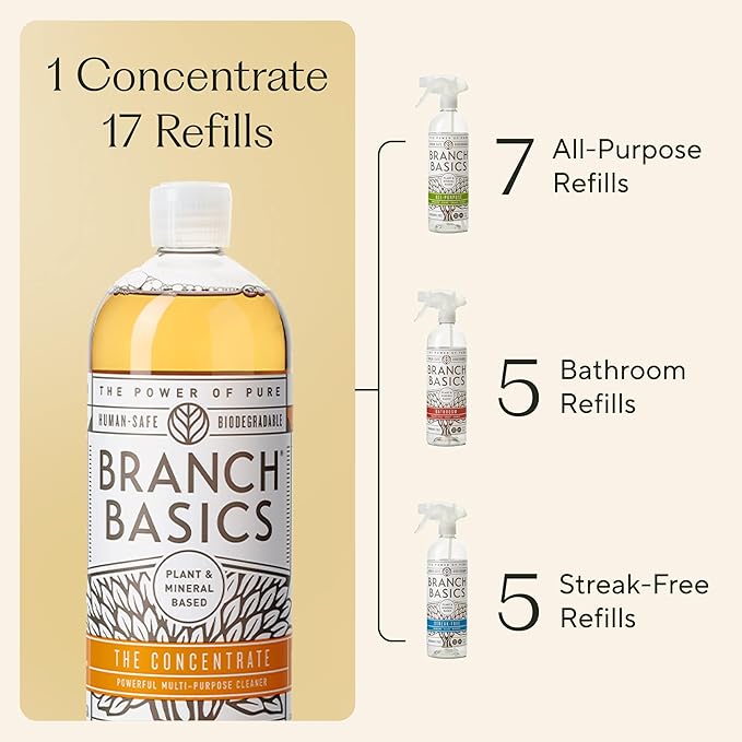 Branch Basics Cleaning Essentials Kit: All Purpose, Glass and Bathroom Cleaner - Concentrate (33.8 Oz) (17 Refills) + Refillable Plastic Spray Bottles (24 Oz) Plant Based, Human-Safe, & Fragrance Free