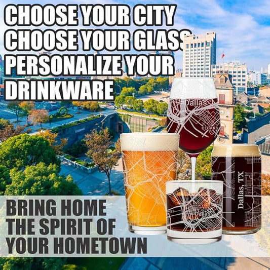 Blue Ridge Mountain Gifts - Dallas Souvenir - Texas Glassware Gift, Etched City Map, Laser Engraved and Dishwasher Safe