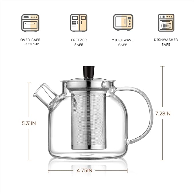 Glass Teapot with Removable Infuser,Ehugos 800ml (27OZ) Stovetop Safe Small Tea Pot, Blooming and Loose Leaf Hand Crafted Kettle for Women and Adult with Stainless Infuser