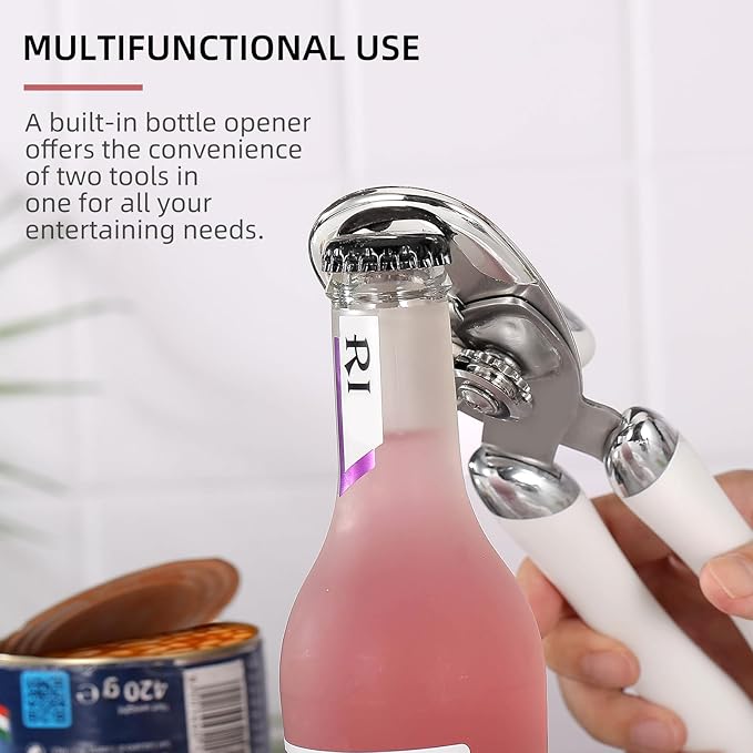 Multi-function Manual Can Opener Bottle Opener, Oversized Hand-held Easy Rotary Knob, Safe Cut Can Opener with Non-Slip Handle, Smoother Cut Sharp Blade for Seniors Kitchen Tool, White
