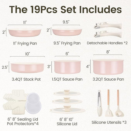 Chef Power Ceramic Nonstick Pots and Pans Set 19 Piece with Detachable Handle, Induction Dishwasher Oven Safe Cookware Set, RV Kitchen Set Removable Handle (Light Pink)