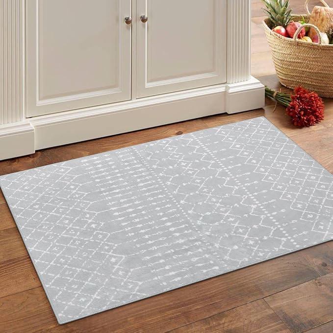 Lahome Moroccan Rugs for Entryway 2x3 Small Non-Slip Kitchen Rug Throw Lightweight Area Rugs for Bedroom Gray Vintage Print Distressed Bath Mat Floor Indoor Doormat Carpet for Laundry Living Room