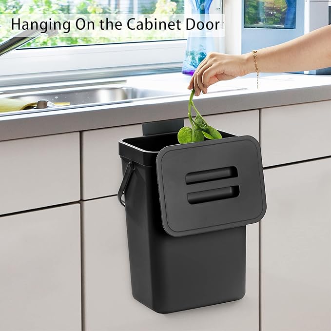 stonespace Under Sink Trash Can,Kitchen Compost Bin, Diaper Pail, 3.2 Gallon/12L Hanging Garbage Can for Baby Crib/Bathroom/Cupboard, Plastic Food Waste Bin,1 Pack Black