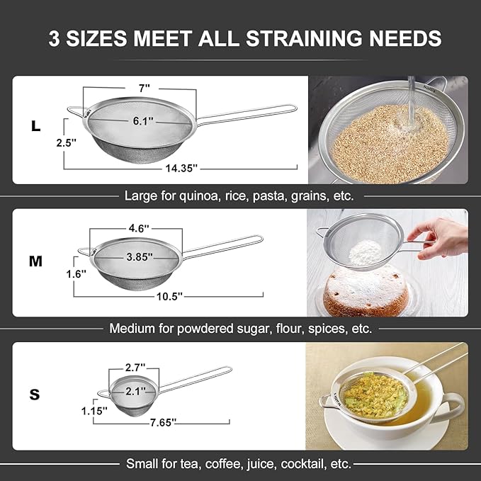 Walfos Fine Mesh Strainer Set of 3, Stainless Steel Wire Strainers for Kitchen, Multipurpose Metal Fine Sieve with Handle, Perfect for Food, Rice, Quinoa, 2.7", 4.6", 7"