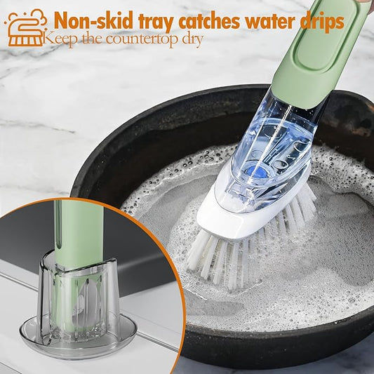 Dish Brush with Soap Dispenser Storage Set with 2 PCS Brush Refills & Holder, Dish Scrubber with Soap Dispenser, Dish Soap Brush, Dish Wand with Soap Dispenser for Dishes, Pans, Sink, Pots(Green)