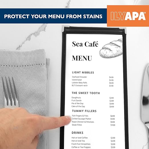 Ilyapa 30 Pack of Menu Covers 4.25 x 11 - Single Page, 2 View, Restaurant Menu Covers, 4.25x11 Clear Plastic Sleeves, Transparent Viewing Surfaces