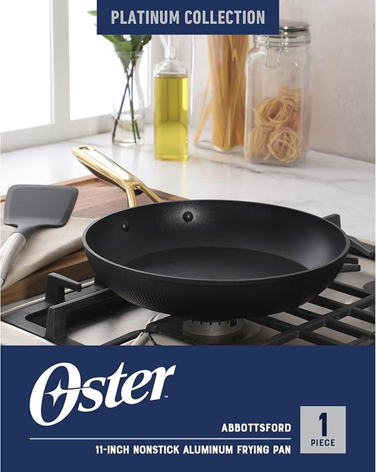 Oster Platinum Abbotsford 11-Inch Nonstick Skillet Fry Pan β Matte Black Stripe Cookware with Gold Handle, Dishwasher Safe, Modern Kitchen Essentials