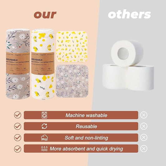 Reusable Dishcloths Kitchen Towels Cotton: 30 Packs 10X10 Washable Roll Paperless Paper Towels Absorbent Dishcloths Set Dish Tea Towel for Kitchen Drying (30Bee, 10×10")