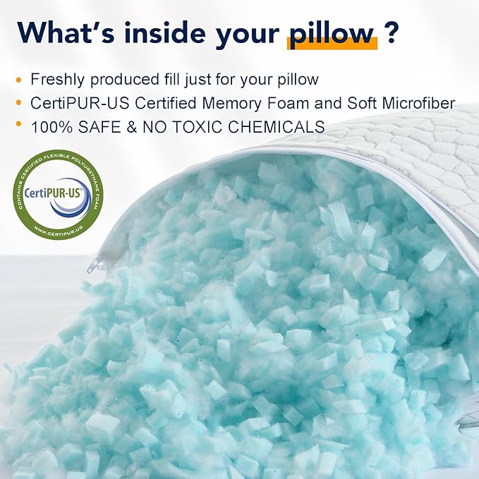 QUTOOL Cooling Pillow for Sleeping Shredded Memory Foam CertiPUR-US Certified, Soft and Supportive Adjustable Pillow for Side, Back, Stomach Sleeper, Hot Sleeper Solution for Boy Girls