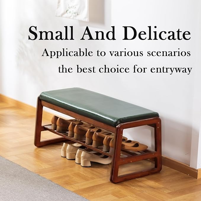 latifolia Solid Wood Bench, Entryway Shoe Bench with Cushion, 2 Tier Shoe Storage Organizer for Hallway, Living Room(Green,31.50''L)