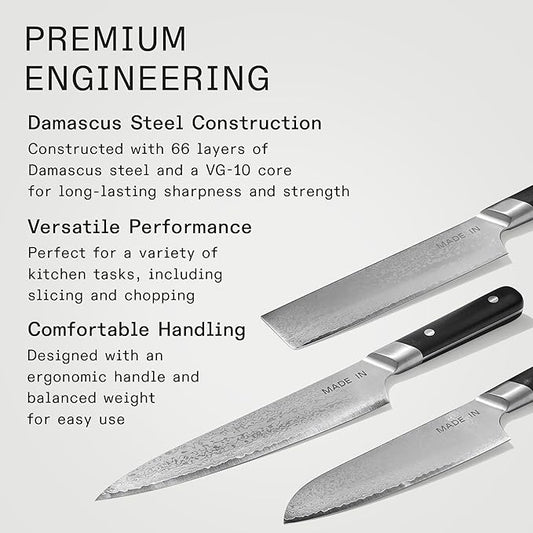 Made In Cookware - 3-piece Japanese Damascus Steel Knife Set (Includes Gyuto, Nakiri and Santoku) - 66 Layers of Damascus Steel with a VG-10 Core - Crafted in Japan - Full Tang With Black POM Handle