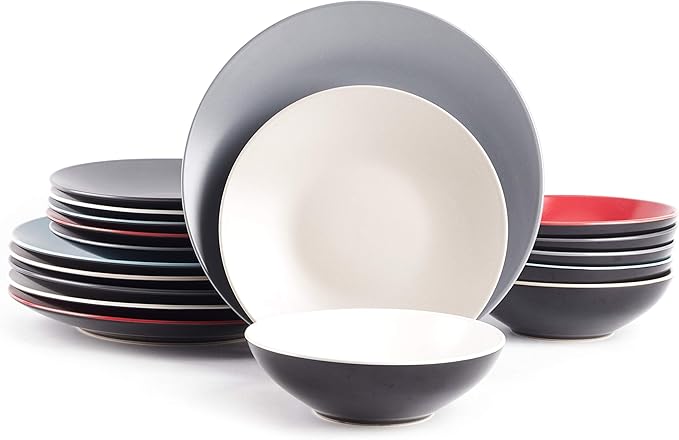 Colors Life 18pc Dinner Set,Very Cool - 6 Assorted Colors Cool Beige, Cool Grey, Light Grey, Frost Red,Turquoise and White