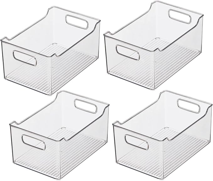 mDesign Plastic Storage Organization Bin with Handles for Kitchen Cabinet, Pantry, Shelf, Fridge/Freezer - Home Organizer for Fruit, Potatoes, Onions, Drinks, Snacks, Pasta - 4 Pack - Clear