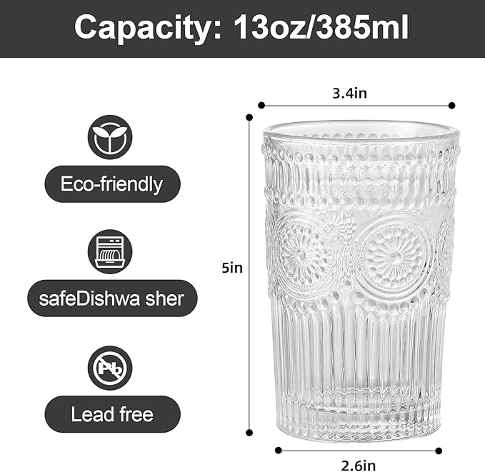 Vintage Glassware Drinking Glasses Set of 6,13 oz Clear Textured Flower Design Glass Water Tumblers,Embossed Striped Drinkware for Water,Cocktails,Juice,Iced Coffee