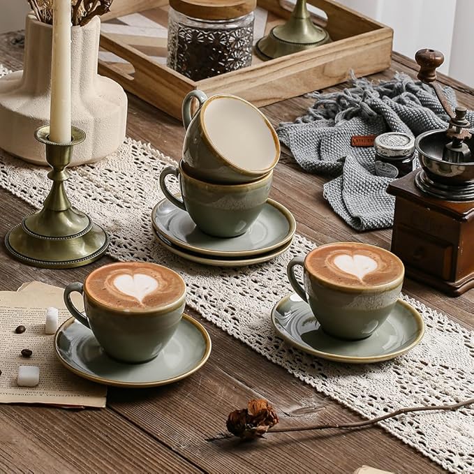 SHUER Ceramic Latte Coffee Cup Set of 4, 11.2 Oz Tea Cup and Saucers Sets,Glaze Americano Cups and Macchiato Coffee Cups,Low Tea Time Mug Set Great for Party (Light Cyan 320ML)