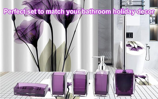 5 Pcs Purple Acrylic Bathroom Accessories Set Complete,Lotion/Soap Dispenser,Soap Dish,Toothbrush Holder, Tumbler,Toilet Brush and Holder,Modern Bathroom Decor and Housewarming Gift Set,Purple